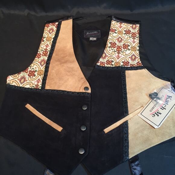 Katch Me Retro BoHo NWT Biker Vintage Cowboy Suede Leather Tapestry Vest L G - Picture 3 of 8